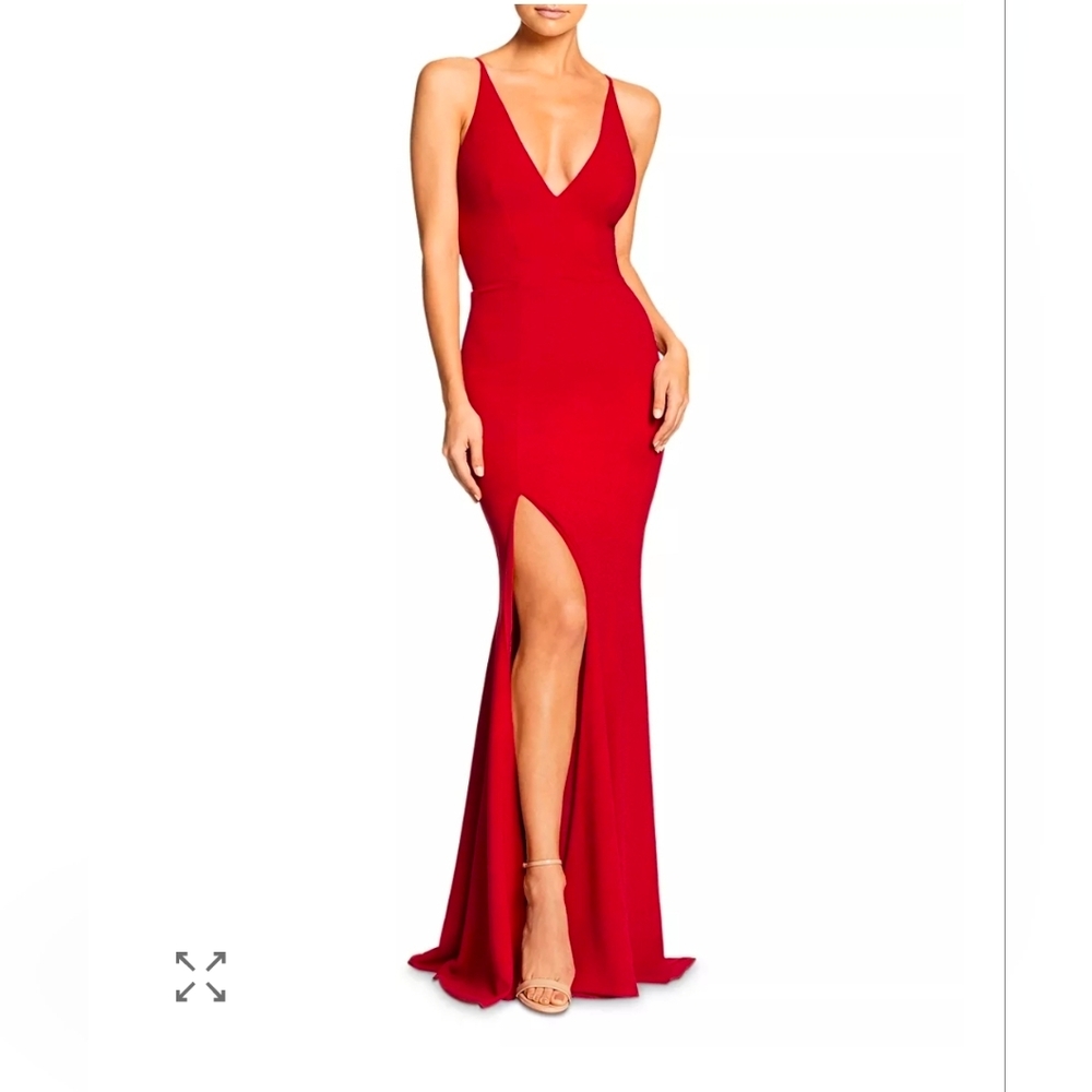 Dress the Population Iris Gown XL Red Plunge Slit Dress Sexy Glam Formal $198